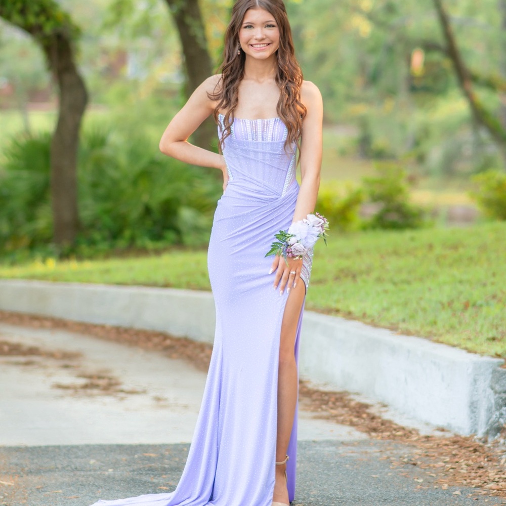 Lilac Strapless Prom Gown with Side Slit